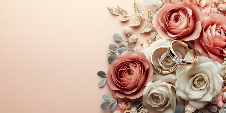 A beautiful wedding thank you card featuring elegant rings and soft pastel-toned flowers, symbolizing love, gratitude, and the celebration of a special union. Perfect for heartfelt messages - Powered by Adobe