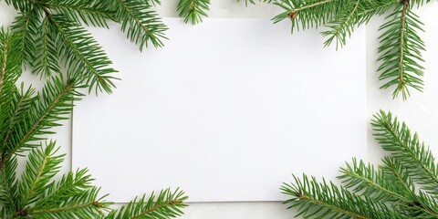 A Blank White Paper Surrounded by Festive Evergreen Branches Perfect for Holiday Messages or Winter Greetings