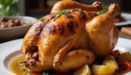 Roasted pollo a la brasa in close-up style in golden colors for appetizing meal representation