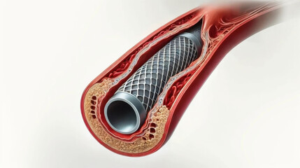 Medical illustration of percutaneous coronary intervention for stent placement  inside atherosclerotic coronary artery