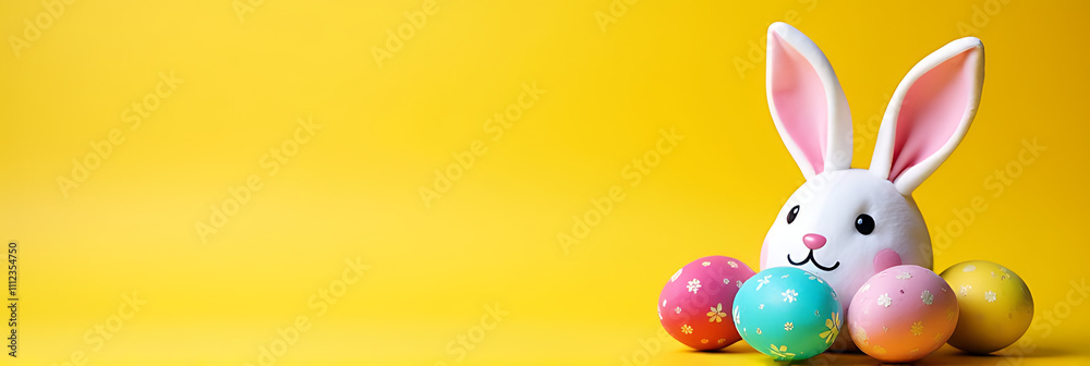 Poster colorful easter eggs and bunny ears sit atop a bright yellow background with plenty of empty space s