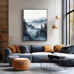 Modern living room with grey sofa, mountain artwork
