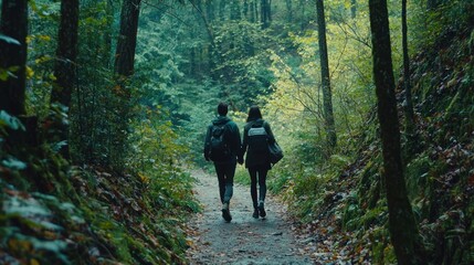 A couple walking through a forest trail, exploring nature and connecting with each other in a healthy lifestyle.