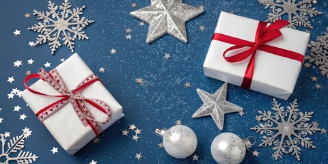 Fototapeta premium Festive Winter Scene with Presents, Stars, and Snowflakes on a Blue Background