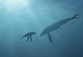 Fototapeta premium Ethereal Underwater Encounter of Two Majestic Whales Swimming Gracefully Together in a Mystical Seascape with Soft Illumination from Above