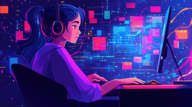 Vibrant Digital Workstation: Young Woman Engaged in Programming with Headphones Surrounded by Colorful Data Visualizations and Tech Elements