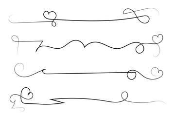 Filigree curly Calligraphic Heart, Fancy Line hearts divider and separator line Swirls, curve romantic love ornate, Valentine's Day flourish Swirl, Calligraphy lettering thin lines hearts scroll 
