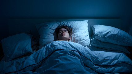 Person lying in bed with half-closed eyes, surrounded by dim light and shadows, symbolizing irregular sleep patterns and lack of restful sleep.
