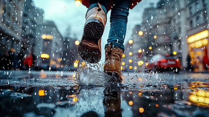 A person is running through the rain, splashing water everywhere