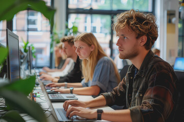 Fototapeta premium Team of male and female software developers writing code on laptops in real working environment.