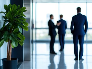 Fototapeta premium Business professionals discuss strategy in a modern office, with a decorative plant adding a touch of greenery.