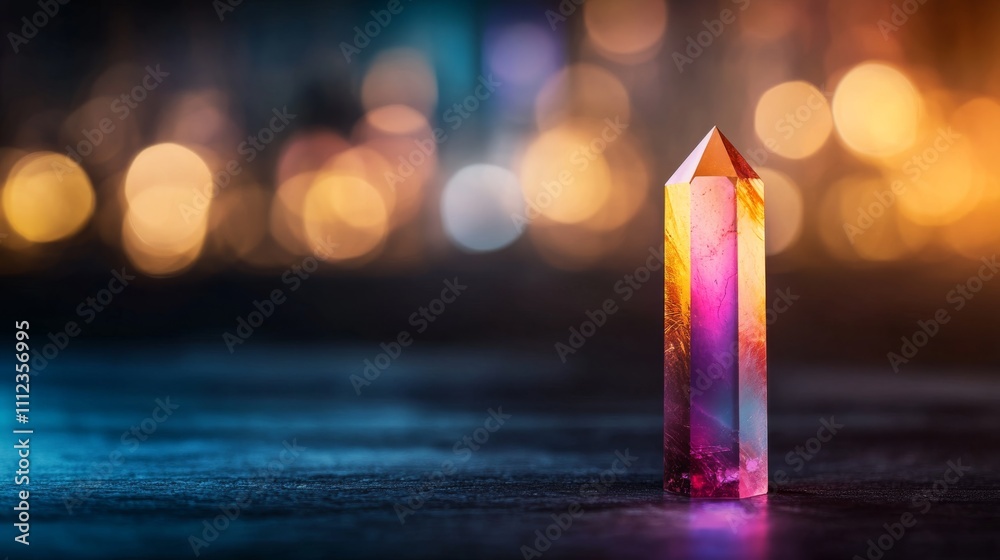 Poster a crystal prism sits against a dark background, refracting bright rainbow colors that dance across t