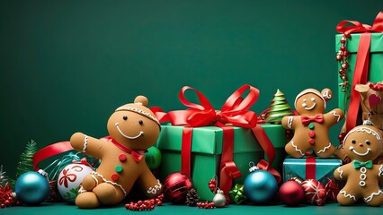 Festive ribbons, ornaments, and a gingerbread man are among the colourful vertical Christmas presents and decorations on a green background that honour the holiday season 