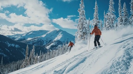 A couple skiing down a mountain, having fun together on a winter vacation, showcasing an active and adventurous lifestyle.