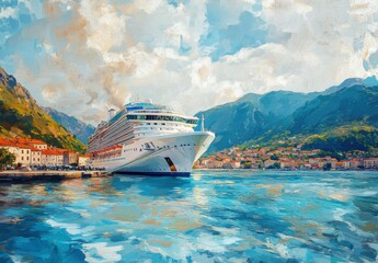 Vibrant Cruise Ship Docked in Serene Bay Surrounded by Majestic Mountains and Colorful Coastal Village Under a Bright Sky