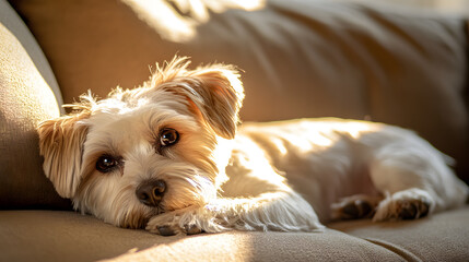 Adorable dog resting on a couch in warm sunlight