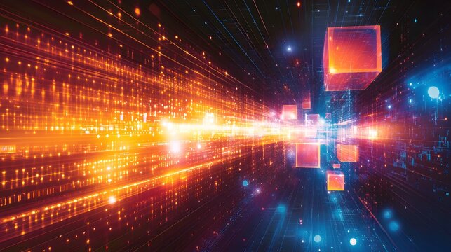 Abstract Digital Data Stream Tunnel With Cubes