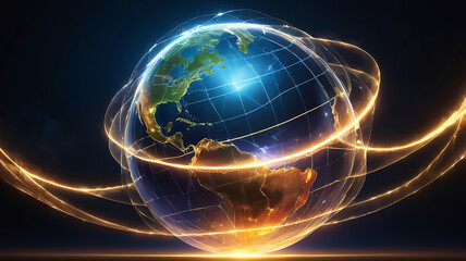 Naklejka premium Abstract waves of light create a protective shield around a globe, symbolizing health and safety.