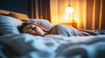 Person lying in bed with half-closed eyes, surrounded by dim light and shadows, symbolizing irregular sleep patterns and lack of restful sleep.
