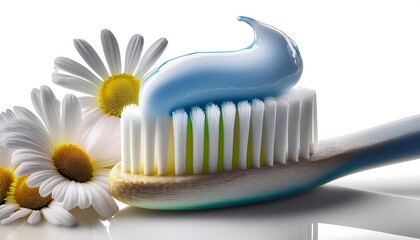 Toothpaste on toothbrush, chamomile flower, isolated on white background, fresh and clean.
