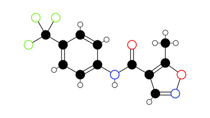 Leflunomide molecule, structural chemical formula, ball-and-stick model, isolated image immunomodulatory agent