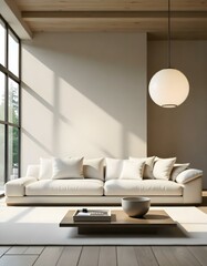 A modern, minimalist living room with a white sofa, wooden coffee table, and a large potted plant in the background. The room has high ceilings with exposed wooden beams and a simple, neutral color.