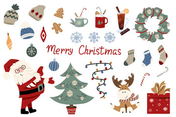 Fototapeta premium A large set of Christmas design elements. Great collection of festive clip art for Christmas. Traditional versatile images in a simple style for greetings, cards, home decor, stickers, patterns, etc.