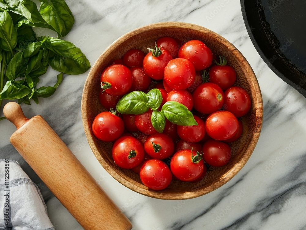 Poster vibrant cherry tomatoes and fresh basil are elegantly arranged on a marble countertop, alongside a r