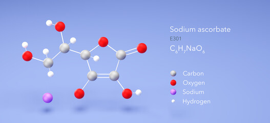 sodium ascorbate molecule, molecular structure, e301, 3d model, Structural Chemical Formula and Atoms with Color Coding