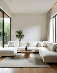 A modern, minimalist living room with a white sofa, wooden coffee table, and a large potted plant in the background. The room has high ceilings with exposed wooden beams and a simple, neutral color.