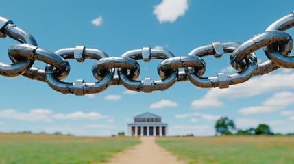 Naklejka premium A close-up view of metal chains in focus, leading to a classical building under a clear blue sky, symbolizing strength and connection.