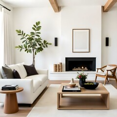 Fototapeta premium A modern, minimalist living room with a white sofa, wooden coffee table, and a large potted plant in the background. The room has high ceilings with exposed wooden beams and a simple, neutral color.