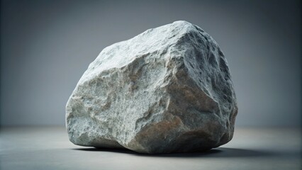 Fototapeta premium A large grey rock sitting on a solitary grey background, rock, stone, isolated, single, minimalistic, natural, textured, solid