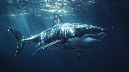 Fototapeta premium Majestic Great White Shark Gliding Through Deep Ocean Waters with Sunlight Streaming from Above Creating a Stunning Underwater Scene