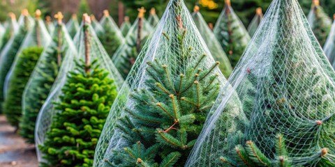 Fototapeta premium Close-up of Christmas trees wrapped in special nets, Christmas, trees, close-up, winter, holiday, festive, decorations, green