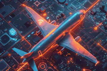 Obraz premium Futuristic aircraft with Wi-Fi symbol and device connection cables.