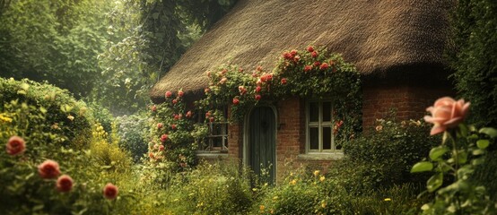 Charming Thatched Cottage Surrounded by Lush Greenery and Vibrant Roses in a Serene Garden Setting, Evoking a Sense of Tranquility and Nature's Beauty