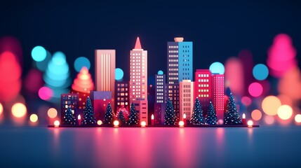 Festive miniature city skyline adorned with vibrant lights and Christmas trees, showcasing a dynamic business setting ideal for a holiday campaign