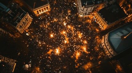 Naklejka premium Crowds Gathering at Night with Illuminated Sparklers Creating a Breathtaking Aerial View of a Festive Celebration in an Urban Setting