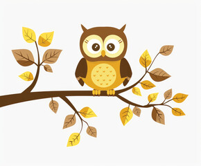 Fototapeta premium Cute owl sitting on tree branch isolated on white background. Cartoon flat illustration