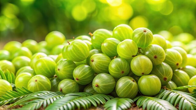 Lots of fresh amla emblica Indian gooseberry fruits on a green vegetable background, amla, emblica