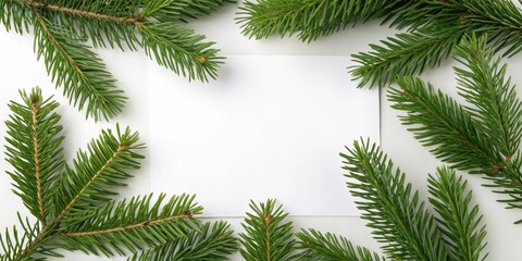 Obraz premium A Blank White Card Surrounded by Lush Evergreen Branches, Perfect for Festive Messages or Winter Greetings