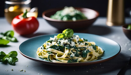 Tagliatelle with spinach sauce and blue cheese.