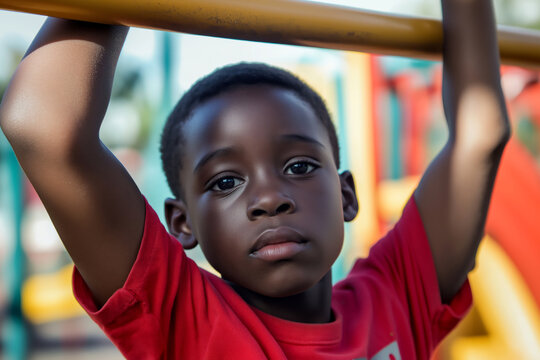 Young boy hanging from monkey bars, bright playground behind him.