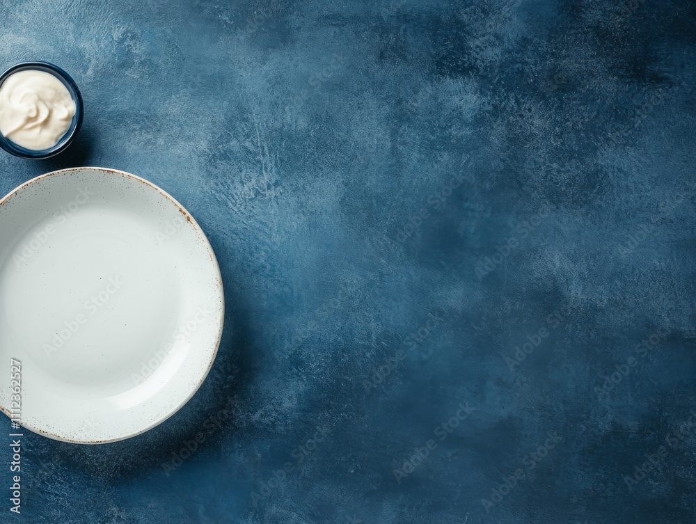 Poster ceramic plate rests on a gray stone table, inviting creativity with space for text or food preparati