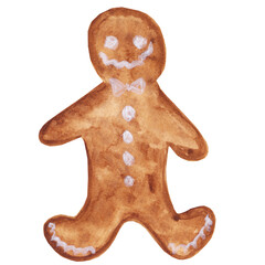 Gingerbread cookies, Gingerbread man. Treat for Santa. Homemade baking for holiday breakfast, coffee and tea time. Watercolor illustration.