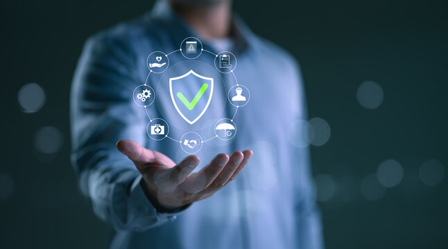 Safety First, Work Safety and Compliance Concept, Man with work safety and compliance icons, including a shield, hard hat, checklist, workplace safety, health protocols, and regulatory compliance.