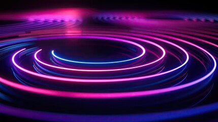 Fototapeta premium Colorful neon light patterns on a dark background, creating vibrant circular waves.