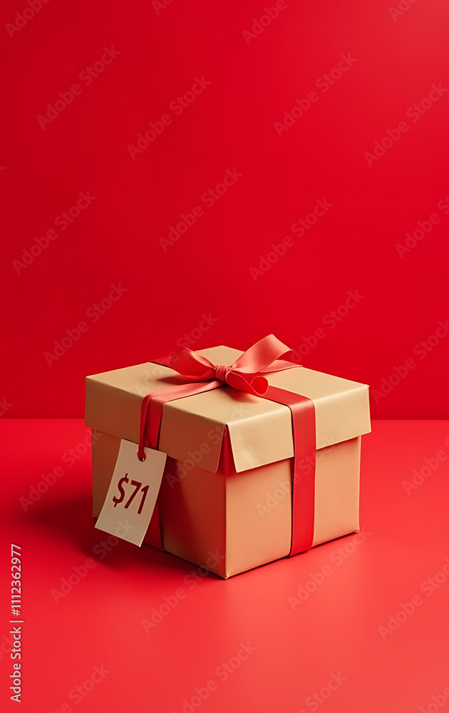 Poster a small kraft paper gift box with a bow and price tag sits alone on an isolated red background, surr
