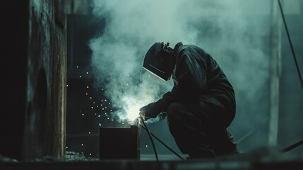 Welder industrial worker welding with argon machine.